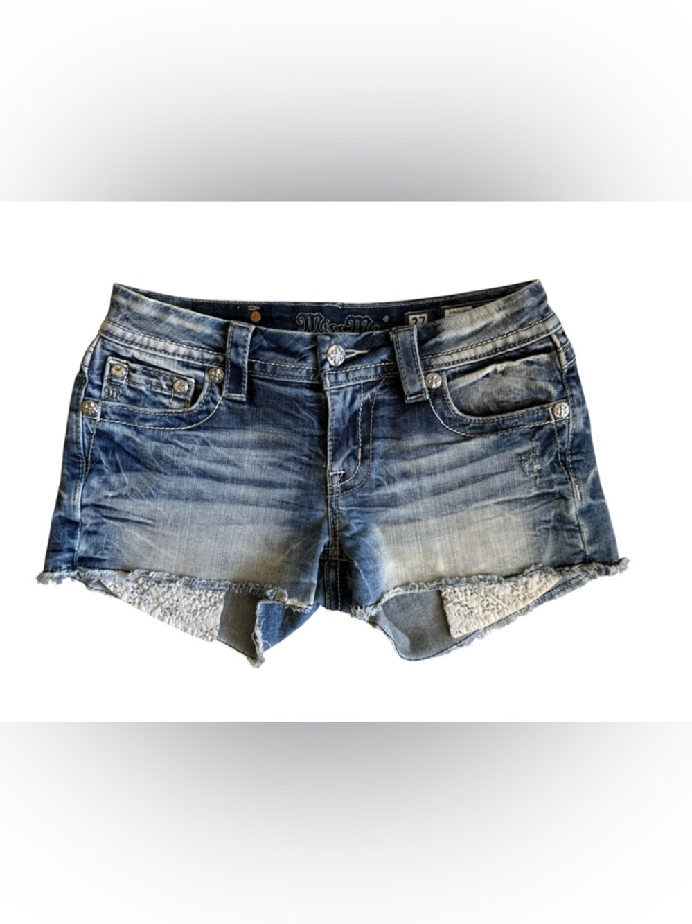 Miss Me Signature Embroidered Rhinestone Accents Mid Rise Jean Shorts size 27